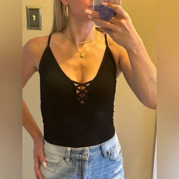 Intimately by Free People Black Seamless Ribbed Cross Front Camisole - Picture 4 of 11